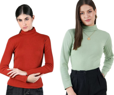 CESARZ Solid High Neck Casual Women Red, Green Sweater