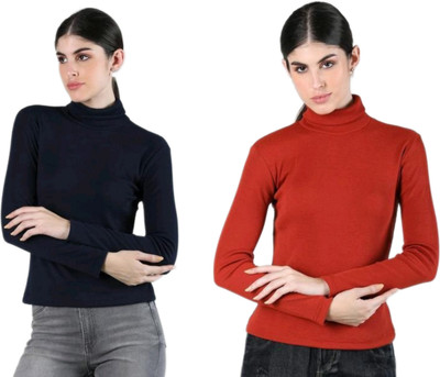 CESARZ Solid High Neck Casual Women Blue, Red Sweater