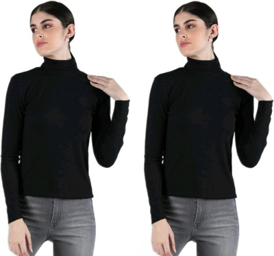 CESARZ Solid High Neck Casual Women Black Sweater