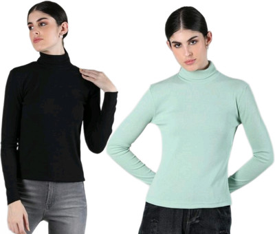 CESARZ Solid High Neck Casual Women Black, Light Green Sweater