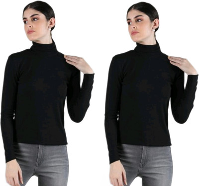 CESARZ Solid High Neck Casual Women Black Sweater