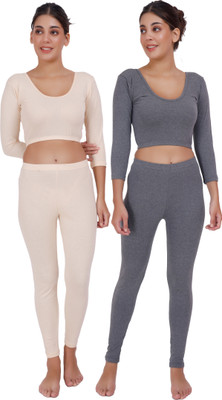 Selfcare Selfcare Pack 2 Womens Solid 3/4 Sleeve Thermal Crop Top And Pyjama Sets Women Top - Pyjama Set Thermal