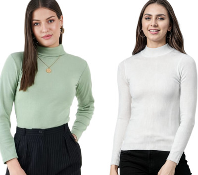 CESARZ Solid High Neck Casual Women Green, White Sweater