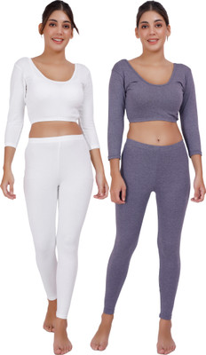 Selfcare Selfcare Pack 2 Womens Solid 3/4 Sleeve Thermal Crop Top And Pyjama Sets-SW0884 Women Top - Pyjama Set Thermal