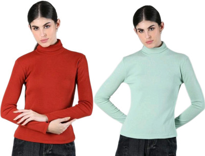CESARZ Solid High Neck Casual Women Red, Light Green Sweater