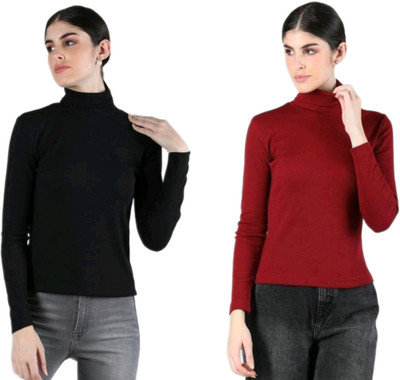 CESARZ Solid High Neck Casual Women Black, Maroon Sweater
