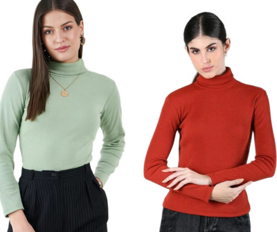 CESARZ Solid High Neck Casual Women Green, Red Sweater
