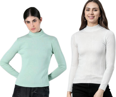 CESARZ Solid High Neck Casual Women Light Green, White Sweater