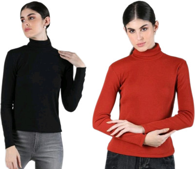 CESARZ Solid High Neck Casual Women Black, Red Sweater