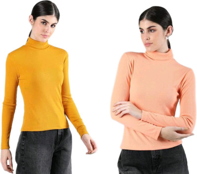 CESARZ Solid High Neck Casual Women Yellow, Orange Sweater