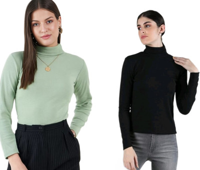 CESARZ Solid High Neck Casual Women Green, Black Sweater
