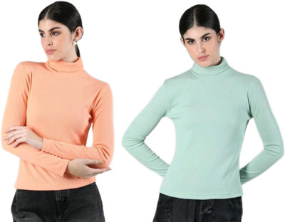 CESARZ Solid High Neck Casual Women Orange, Light Green Sweater