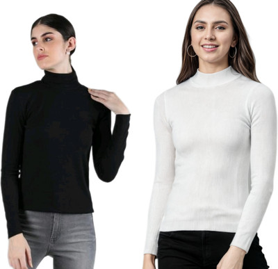 CESARZ Solid High Neck Casual Women Black, White Sweater
