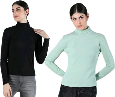 CESARZ Solid High Neck Casual Women Black, Light Green Sweater