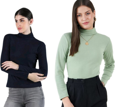 CESARZ Solid High Neck Casual Women Blue, Green Sweater