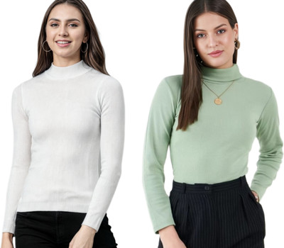 CESARZ Solid High Neck Casual Women White, Green Sweater