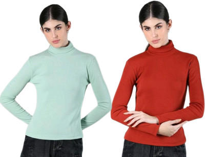 CESARZ Solid High Neck Casual Women Light Green, Red Sweater