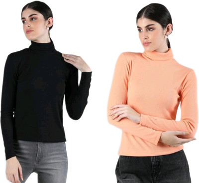 CESARZ Solid High Neck Casual Women Black, Orange Sweater