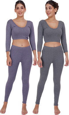 Selfcare Selfcare Pack 2 Womens Solid 3/4 Sleeve Thermal Crop Top And Pyjama Sets-SW0877 Women Top - Pyjama Set Thermal