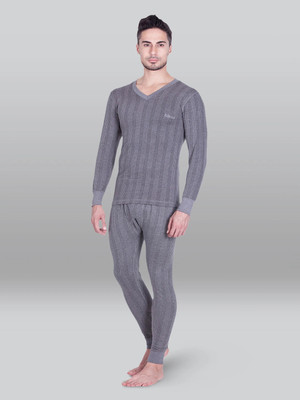 LUX INFERNO Charcoal Melange Full Sleeves V- Neck Men Top - Pyjama Set Thermal
