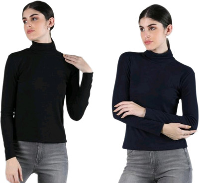 CESARZ Solid High Neck Casual Women Black, Blue Sweater