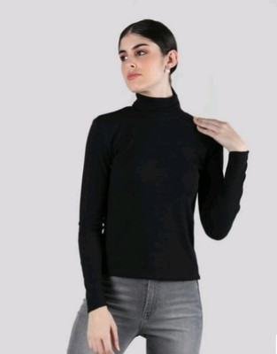 CESARZ Solid High Neck Casual Women Black Sweater