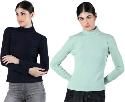CESARZ Solid High Neck Casual Women Blue, Light Green Sweater