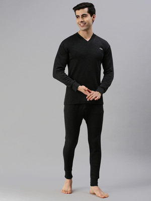 LUX COTT'S WOOL Black Full Sleeves V-Neck Trouser Set Men Top - Pyjama Set Thermal
