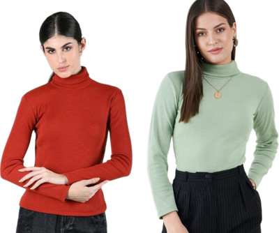 CESARZ Solid High Neck Casual Women Red, Green Sweater