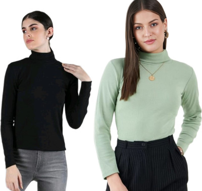 CESARZ Solid High Neck Casual Women Black, Green Sweater