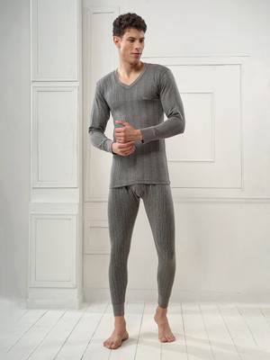 LUX INFERNO Charcoal Melange Full Sleeves V- Neck Men Top - Pyjama Set Thermal