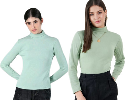 CESARZ Solid High Neck Casual Women Light Green, Green Sweater