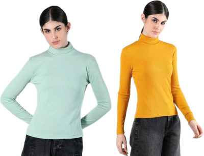 CESARZ Solid High Neck Casual Women Light Green, Yellow Sweater