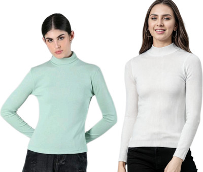 CESARZ Solid High Neck Casual Women Light Green, White Sweater