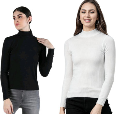 CESARZ Solid High Neck Casual Women Black, White Sweater
