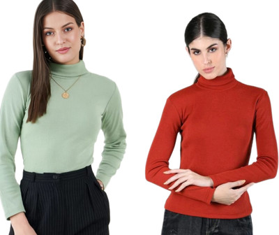 CESARZ Solid High Neck Casual Women Green, Red Sweater