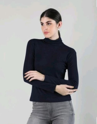 CESARZ Solid High Neck Casual Women Blue Sweater