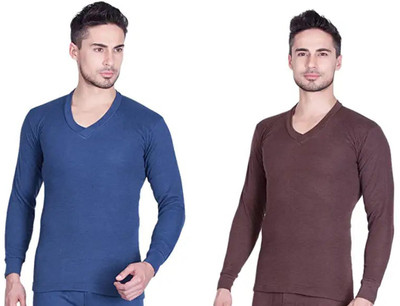 Maleno Maleno Men Full Sleeves V Neck Blue & Brown Thermal (Pack of 2 ) Men Top Thermal