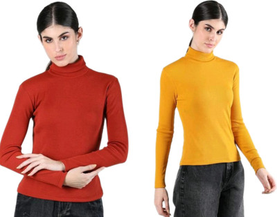 CESARZ Solid High Neck Casual Women Red, Yellow Sweater