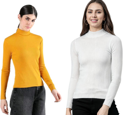 CESARZ Solid High Neck Casual Women Yellow, White Sweater