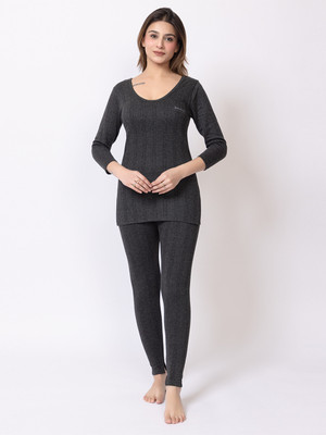 BWARM Women Soft & Warm Solid Thermal Set Women Top - Pyjama Set Thermal