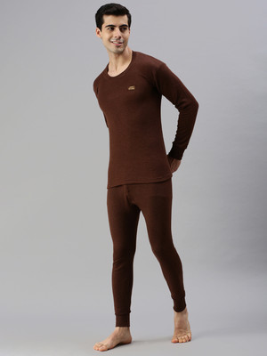 LUX COTT'S WOOL Brown Full Sleeves Round Neck Men Top - Pyjama Set Thermal