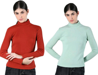 CESARZ Solid High Neck Casual Women Red, Light Green Sweater
