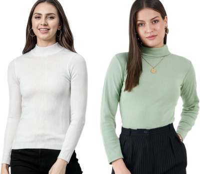 CESARZ Solid High Neck Casual Women White, Green Sweater