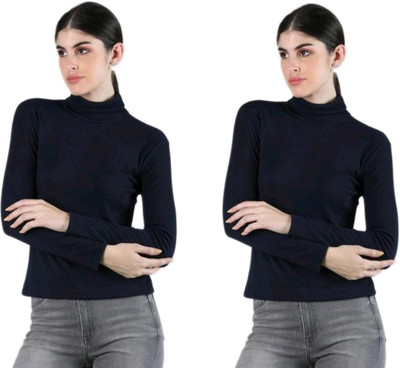 CESARZ Solid High Neck Casual Women Blue Sweater