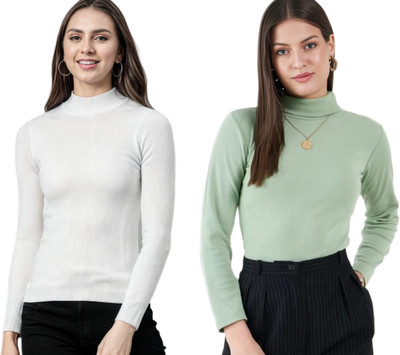 CESARZ Solid High Neck Casual Women White, Green Sweater