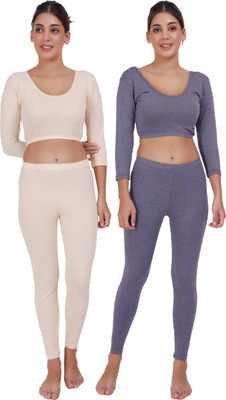Selfcare Selfcare Pack 2 Womens Solid 3/4 Sleeve Thermal Crop Top And Pyjama Sets-SW0887 Women Top - Pyjama Set Thermal