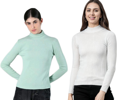 CESARZ Solid High Neck Casual Women Light Green, White Sweater