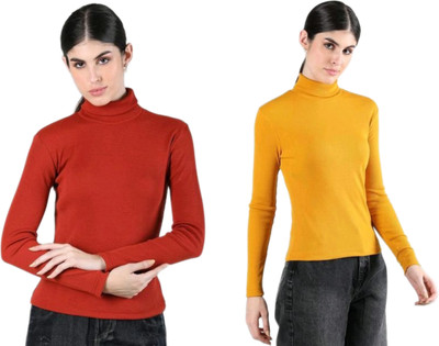CESARZ Solid High Neck Casual Women Red, Yellow Sweater