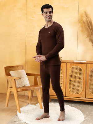 LUX COTT'S WOOL Brown Full Sleeves Round Neck Men & Women Top - Pyjama Set Thermal